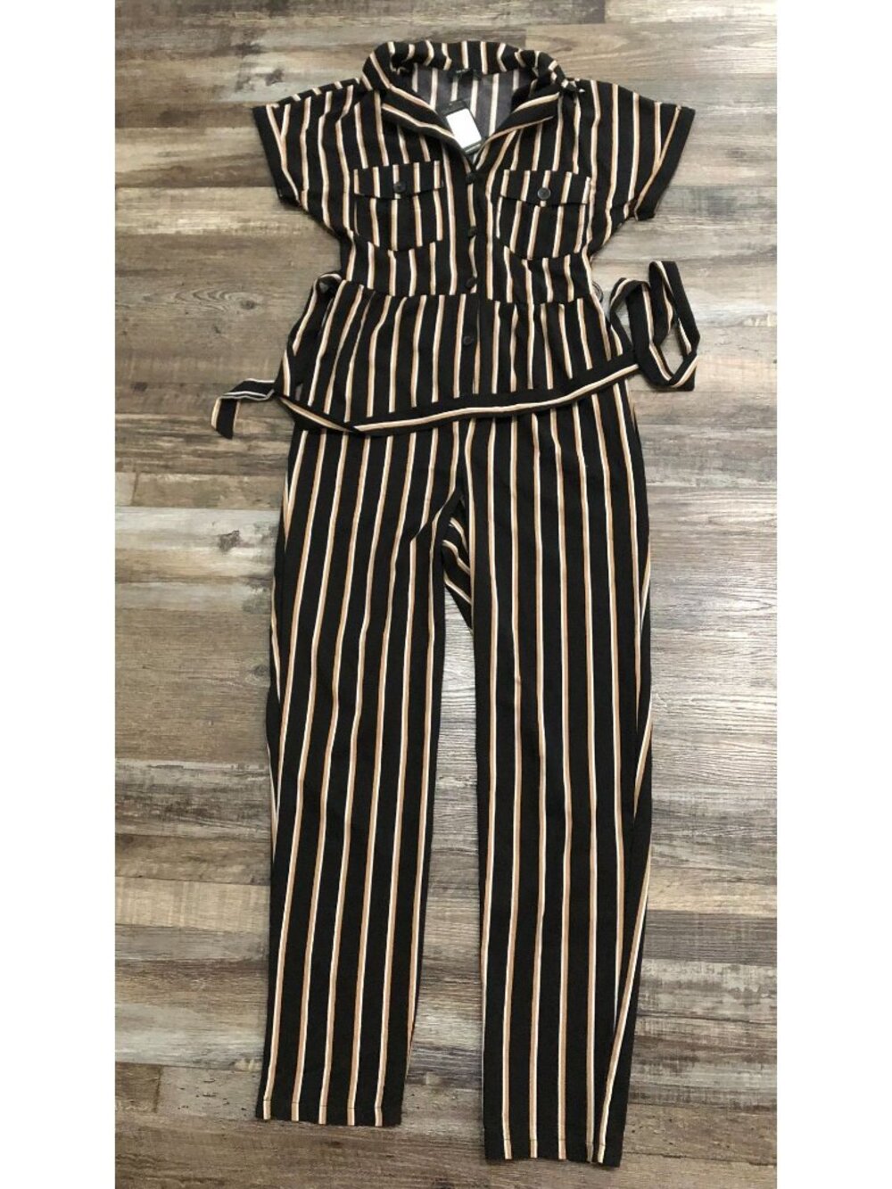 New Look Black and Tan Striped Short-Sleeve Jumpsuit